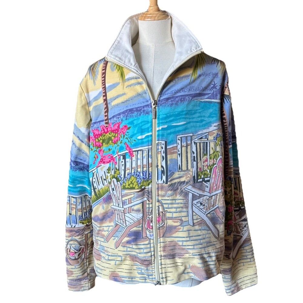 Kaktus denim jacket Women Sz M Beach scape Art To Wear Long sleeve Summer Fun